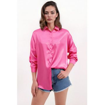 Camasa supradimensionata -  satin - roz aprins - cu inchidere cu nasturi