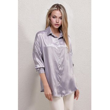Camasa supradimensionata -  satin - violet - cu inchidere cu nasturi -