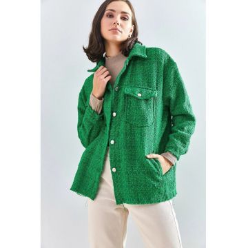 Camasa tricotata texturata  cu inchidere cu nasturi si buzunar - verde - bumbac si acril