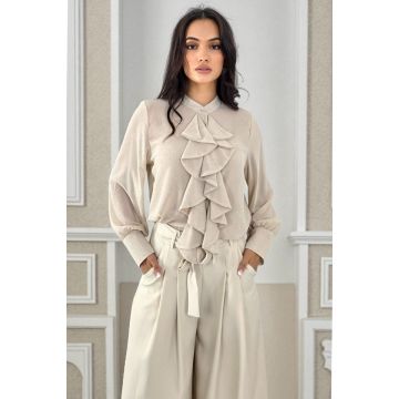 Camasa dama croi lung, Daliah cu volane si buline, Crem, Marime S/M