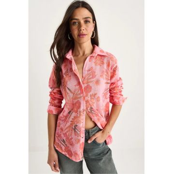 Camasa dama -  cu imprimeu floral - roz - bumbac si lycra