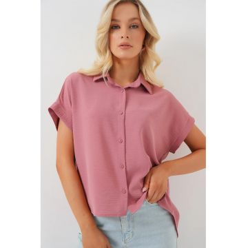 Camasa dama -  din poplin - croiala lejera - roz - bumbac