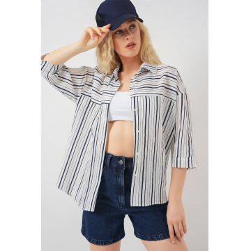 Camasa dama -  din poplin - cu dungi - albastru - bumbac