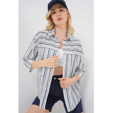 Camasa dama -  din poplin cu dungi - maneci trei sferturi - negru - bumbac