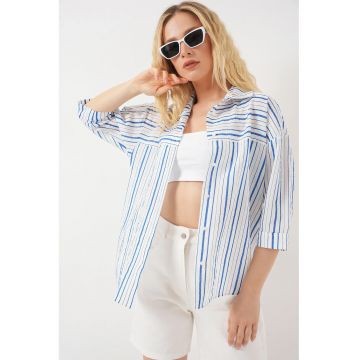 Camasa dama -  din poplin - maneci trei sferturi - albastru - bumbac
