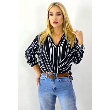 Camasa dama LOVINA, cu dungi si nod wrap, Negru/Alb