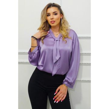 Camasa dama Soft Whisper, cu guler esarfa si croi vaporos, Lila, Marimi Large