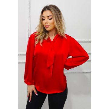 Camasa dama Soft Whisper, cu guler esarfa si croi vaporos, Rosu, Marimi Large