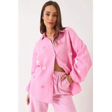 Camasa dama -  supradimensionata - broderie inima - roz - textil