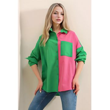 Camasa dama -  verde si roz - bumbac - poliester