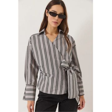 Camasa  din poplin - cu dungi si funda - gri - textil