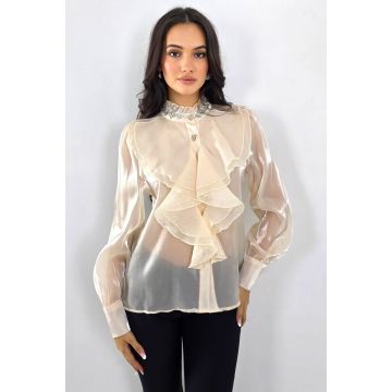 Camasa eleganta, transparenta Costanza, cu jabou si cristale, Crem, Marime S/M