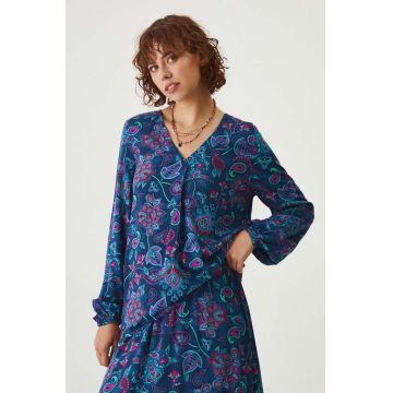 Medicine bluză femei, culoarea bleumarin, cu imprimeu