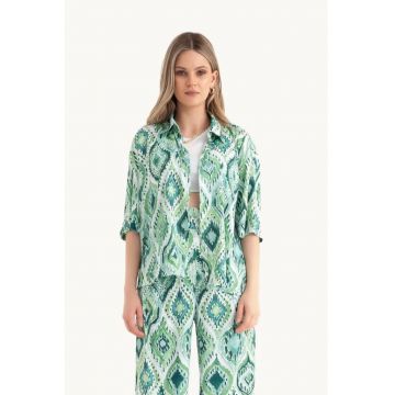 Camasa boho dama -  cu maneca scurta - satin - alb/verde