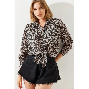 Camasa dama -  camasa cu maneca lunga - imprimeu leopard - detalii cu pompoane - multicolor -