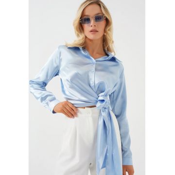 Camasa dama -  cu maneca lunga - papion - albastru - poliester satin -