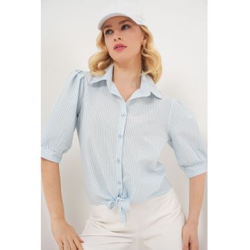 Camasa dama  din poplin cu dungi - maneci trei sferturi - albastra - bumbac