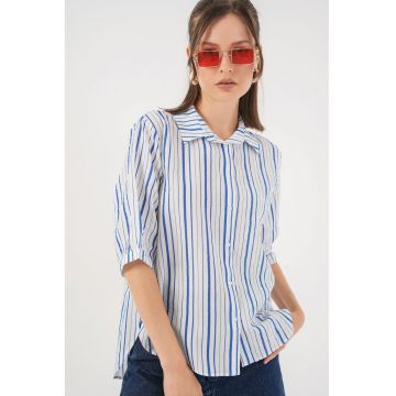 Camasa dama -  din poplin cu dungi - maneci trei sferturi - albastra - textil