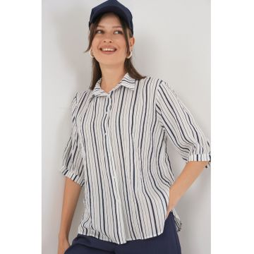 Camasa dama  din poplin cu dungi - maneci trei sferturi - albastra - textil