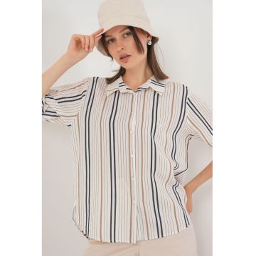 Camasa dama  din poplin cu dungi - maneci trei sferturi - bej - textil