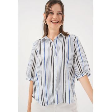 Camasa dama  din poplin cu dungi - maneci trei sferturi - bleumarin - textil