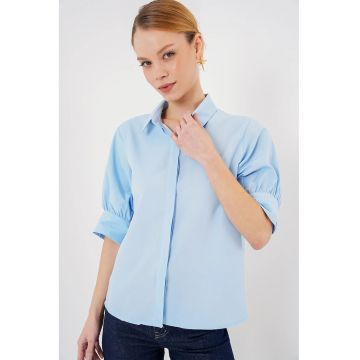 Camasa dama -  din poplin - cu nasturi - albastru - bumbac