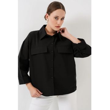 Camasa dama  poplin - croiala lejera - buzunar - negru - bumbac/poliester -