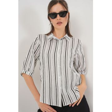 Camasa dama  poplin cu dungi - maneci trei sferturi - negru - textil