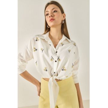 Camasa  din poplin brodat - alb - bumbac - maneca lunga - inchidere cu nasturi