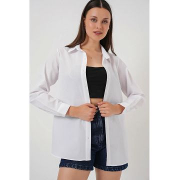 Camasa din poplin captusita  alb - bumbac si poliester - cu inchidere cu nasturi - pentru femei -