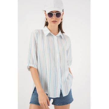 Camasa  din poplin cu dungi - maneci trei sferturi - albastru glaciar - textil