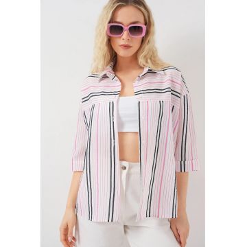 Camasa  din poplin cu dungi - maneci trei sferturi - roz - bumbac