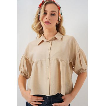 Camasa scurta  croiala lejera - bej - viscoza si nylon