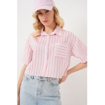 Camasa scurta  cu dungi - roz pudrat - textil - cu buzunar