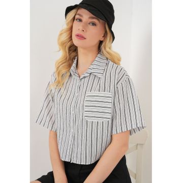 Camasa scurta dama  cu dungi - buzunar - neagra - textil