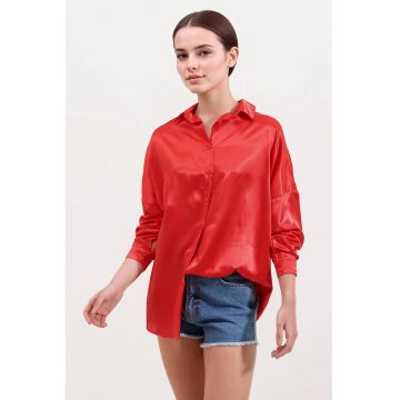 Camasa supradimensionata -  satin - rosie - cu inchidere cu nasturi -