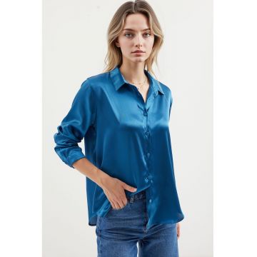 Camasi dama -  camasa cu maneca lunga - satin - albastru indigo -