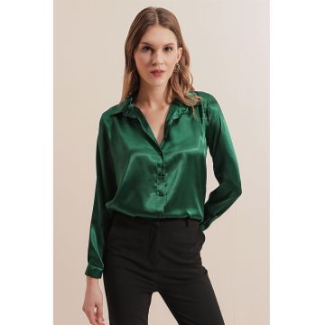 Camasi dama -  camasa cu maneca lunga - verde padure - satin