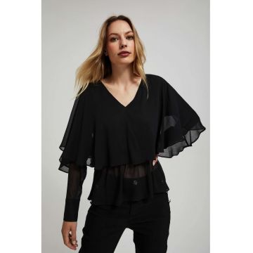 Cămașă  neagră - cu volane - decolteu în V - Negru