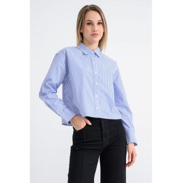 Camasa crop cu model in dungi - Alb/Albastru