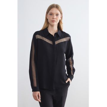 Camasa cu maneci lungi si segmente transparente - Negru