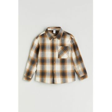 Camasa cu model in carouri si buzunar pe piept - Alb/Negru/Galben mustar