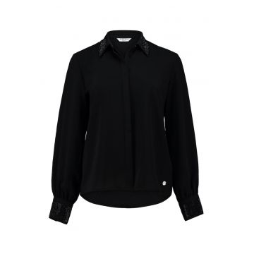 Camasa cu model uni si guler cu strasuri - Negru