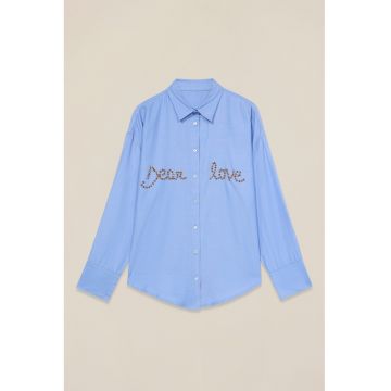Camasa cu text cu strasuri - Albastru azur