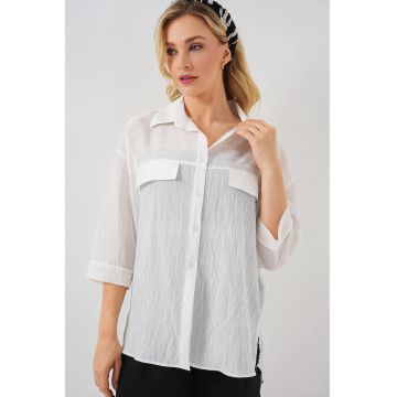 Camasa dama  BDART - crep texturat - maneca scurta - alb
