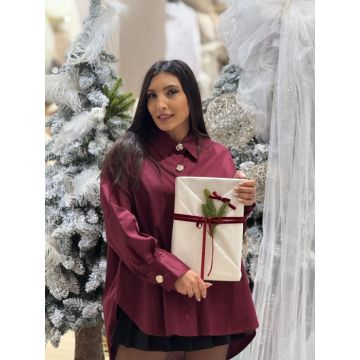 Camasa dama bordo din bumbac cu nasturi supradimensionati aurii