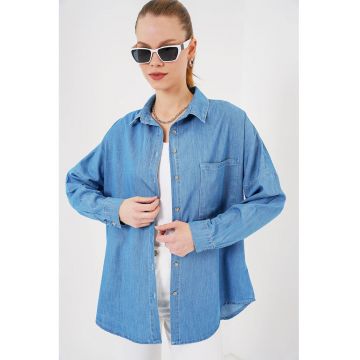Camasa dama -  camasa din denim supradimensionata - buzunar - albastru - denim