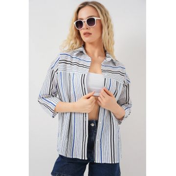 Camasa dama - HiCCUP - cu dungi - maneci trei sferturi - albastru - bumbac