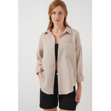 Camasa dama HiCCUP supradimensionata cu maneca lunga - bej - textil