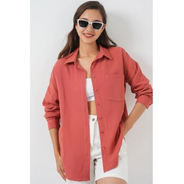 Camasa dama  supradimensionata din amestec de in - portocaliu pal - cu detalii de buzunar